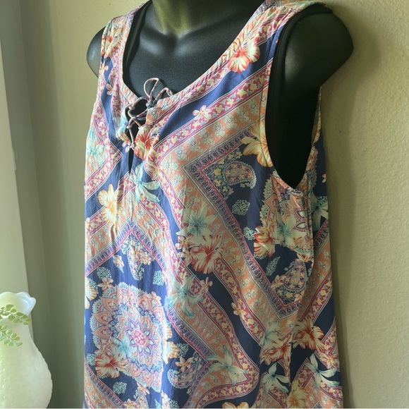 pure Jill Hibiscus Floral SCARF PRINT TANK Lace-Up Neck Lightweight Rayon Top M - Picture 4 of 11